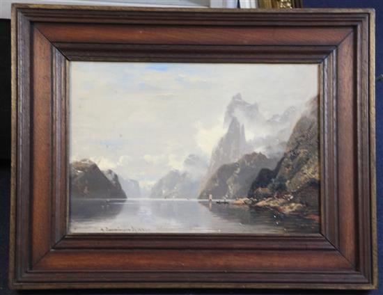 Georg Anton Rasmussen (1842-1914) Cottages alongside a fjord 12 x 17.5in.